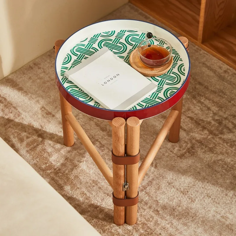 

Vintage Solid Wood Side Table Round Compact Coffee Table for Small Spaces Multi-Functional Bedside Organizer with Removable Tray