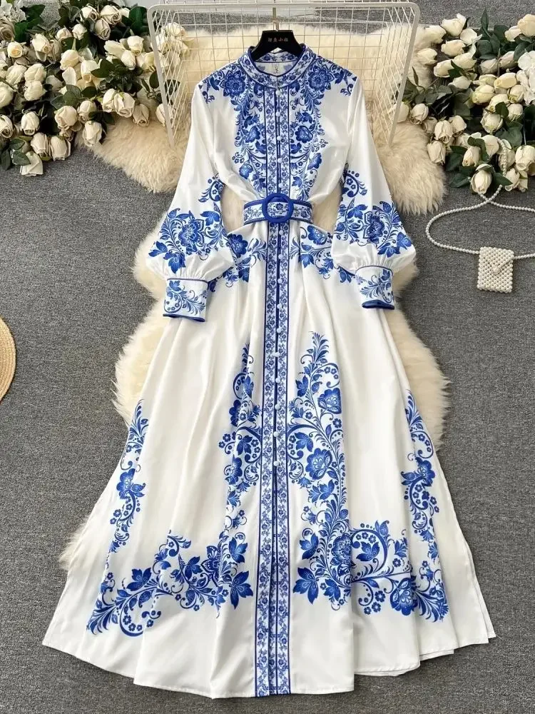 

Fashion Blue Golden Flower Print Dress Women Clothing Stand Long Lantern Sleeve Single Breasted Belt Side Slit Maxi Vestidos