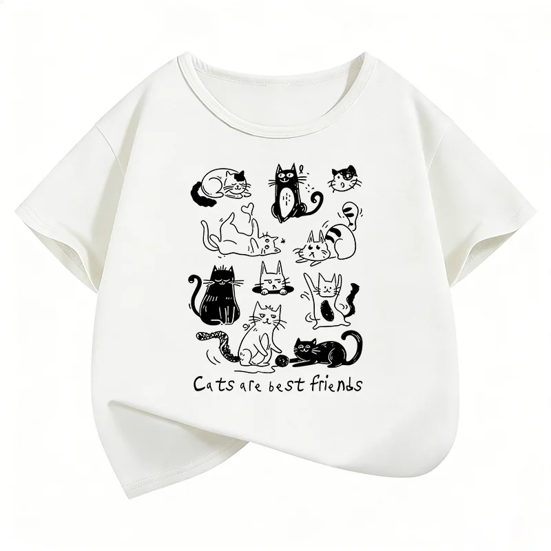 Cat Are Best Friends Design Printed T Shirts Short Sleeve Kids Children's T-shirt Boys Girls Summer Spring Casual Top Tee Shirt