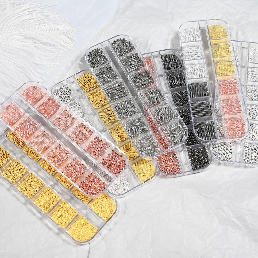 12 rejillas de cuentas de Caviar doradas y plateadas, dijes para uñas de tamaño mixto, Micro bola de acero, decoraciones 3D para uñas, Mini cuentas redondas de oro rosa/negro