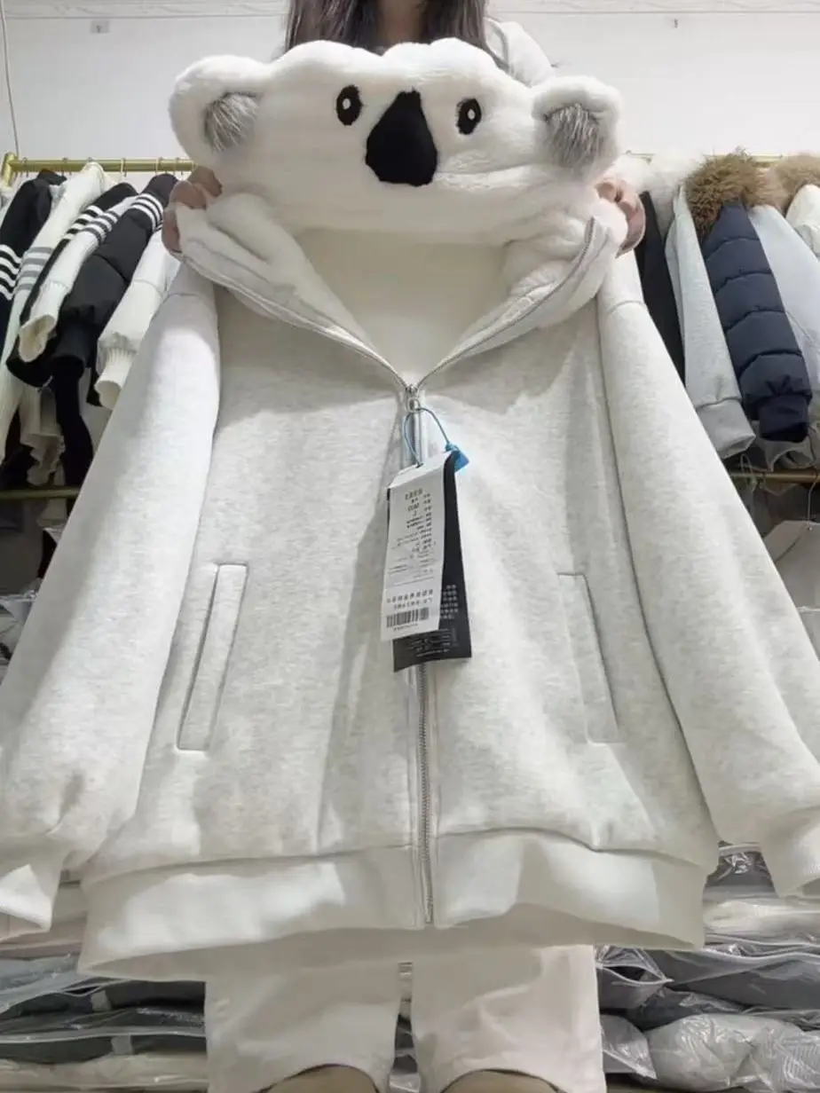 

Original American Retro Koala Hooded Thiened Fce Women's Winter Casual Loose Heavyweight Jaet Warm Commute Sle
