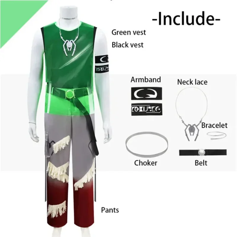 

qa156Alien Stage R 7 Till Косплей Костюм Зеленый Жилет Брюки-карго Униформа Костюм Парик Черные Повязки Аксессуары Хэллоуин Вечеринка Мужчины