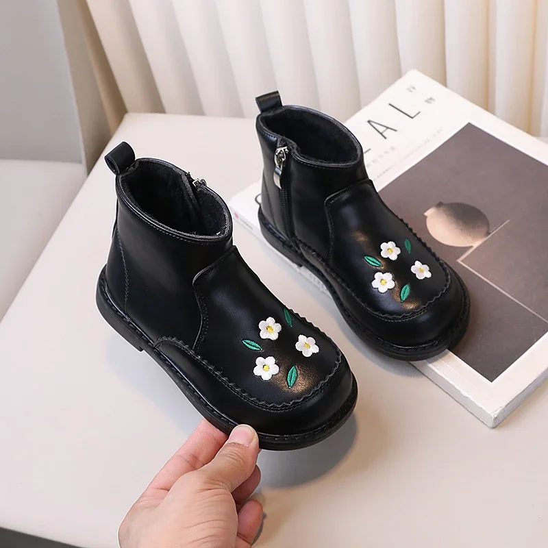 Children Leather Short Boots for Girls 2024 Autumn Winter New Fashion Korean Style Sweet Flowers Chic Versatile Plush Zip Shoes