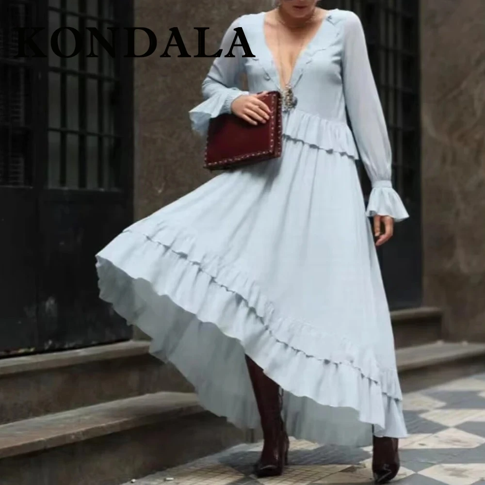 

KONDALA шикарный элегантный синий женский костюм на шнуровке с v-образным вырезом, многоуровневая рубашка + длинная юбка с высокой эластичной резинкой на талии, модный осенний комплект Y2K Mujer 2023 г.