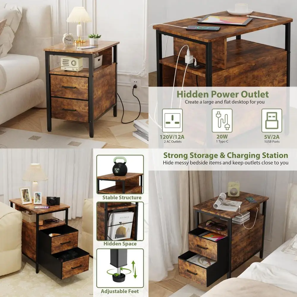 

Charging Station End Table, Slim 2-Drawer Fabric Side Table with Storage Shelf, USB & Outlet, Rustic Brown for Compact Spaces
