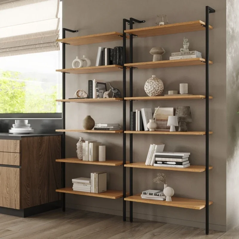 Simple solid wood bookshelf Floor-to-ceiling multi-layer shelf Wrought iron storage rack Wall wall rack Office display bookcase