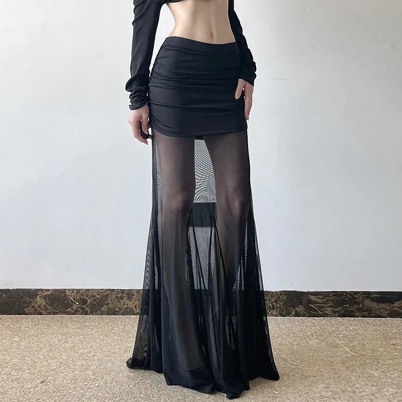 スパイスガール純粋な欲望を表現するハイウエストスリムバッグヒップスカート、女性らしいダークウィンドワイルドメッシュステッチ透け感ドレープスカート。