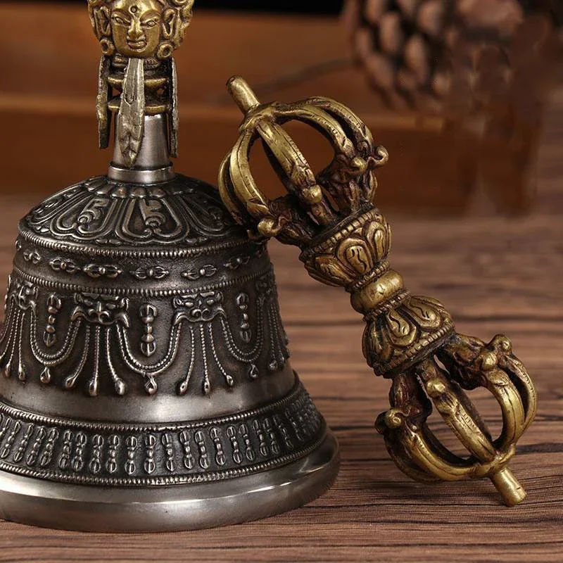 Nepal Tibetan Bells Handmade Carved Brass Vajra Bell Pestle Buddhist Meditation Chimes Handheld Tibetan Bell Sound Healing Gifts