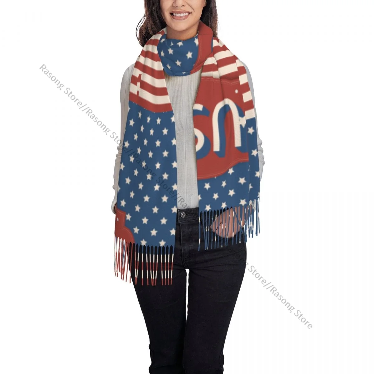 Autumn Winter Warm Scarves USA Flag Vintage Label Fashion Shawl Tassel Scarves Wrap Neck Headband Hijabs Stole