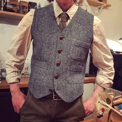 V Neck Men's Suits Vest  Herringbone Tweed  Formal Business Waistcoat Vest For Men For Wedding