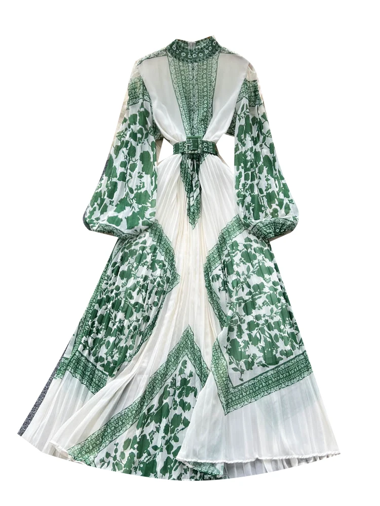 Ele imprimé longue Dr femmes taille haute lanterne Sve noeud taille conception coréenne Sle trajet a-ligne jupe