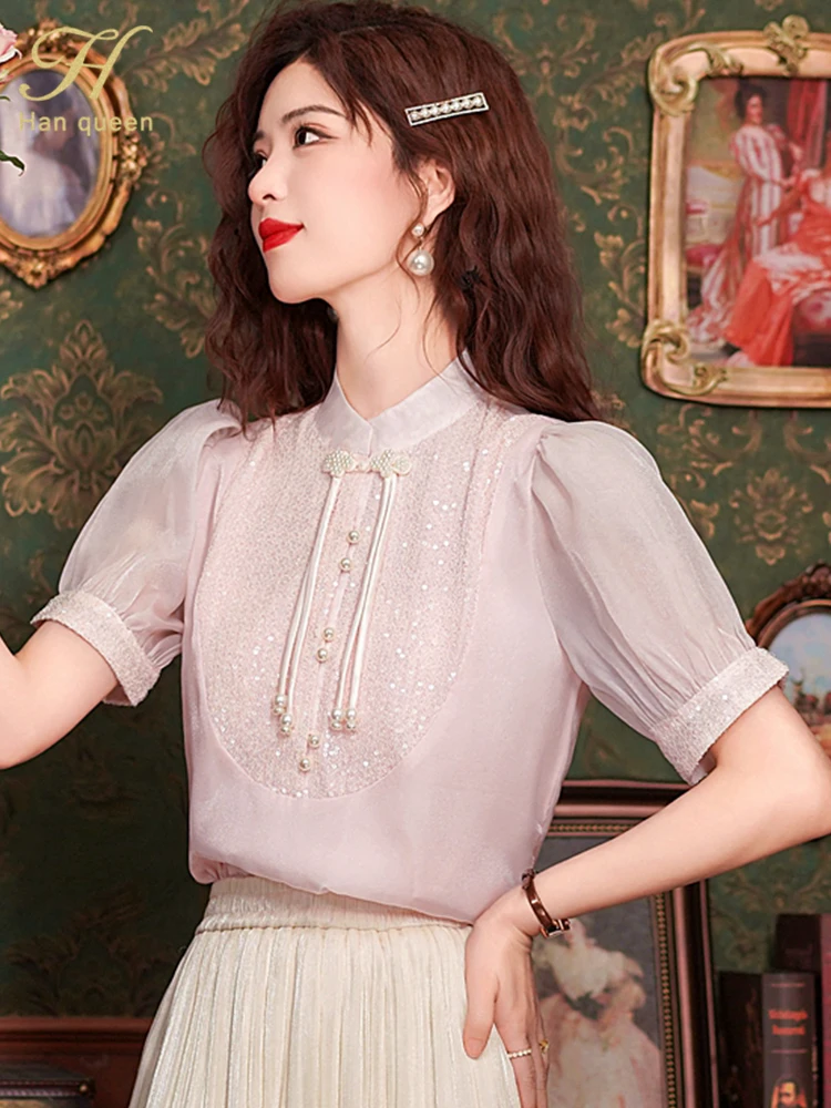 H Han Queen Summer Beaded Sequins Tops Simple Office Lady Chiffon Blouse Short Sleeve Shirt Casual Korean OL Loose Blouses Women