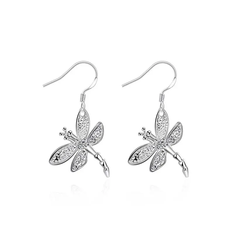 925 Sterling Silver Charm Fine 30MM Dragonfly Zircon Earrings For Women Fashion Wedding Gift Jewelry Wholesale