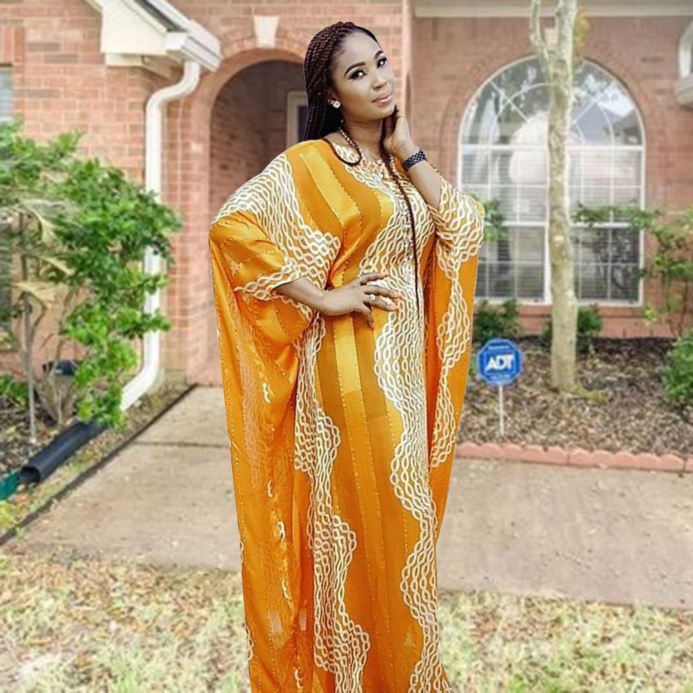 Fashion 2025 African Dresses Women Batwing Sleeve O-neck Wave Pattern Diamond Stripe Print Loose Party Chiffon Maxi Dress