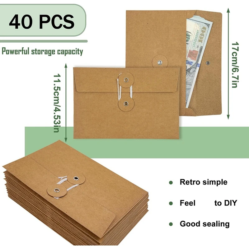 40 Pcs Brown Envelopes With String Tie Closure Project Pockets Document Organizer, 4.53 X 6.7 Inches (Brown)