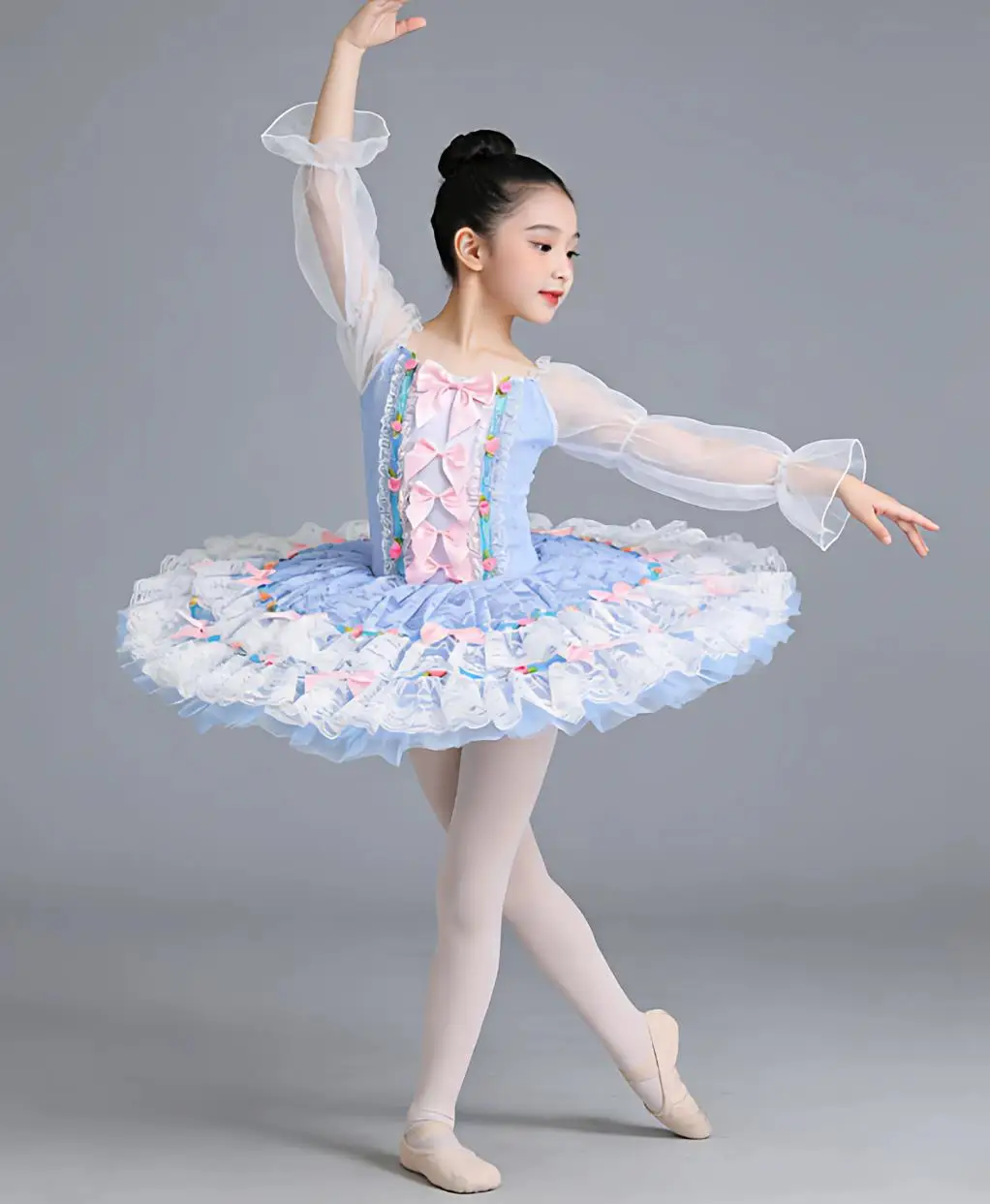 

Sky Blue Fairy Doll Professional Long Sleeves Pancake Ballet Dress Tutu Dance Wear Girls Ballet Skirts Dance Costume