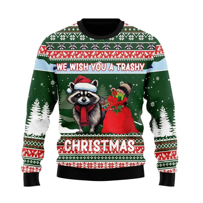 3D Print Mens Sweater Ugly Christmas Jumper Funny Raccoon Graphic Pullover Crewneck Sweatshirts Casual Mens Designer Clothes Top