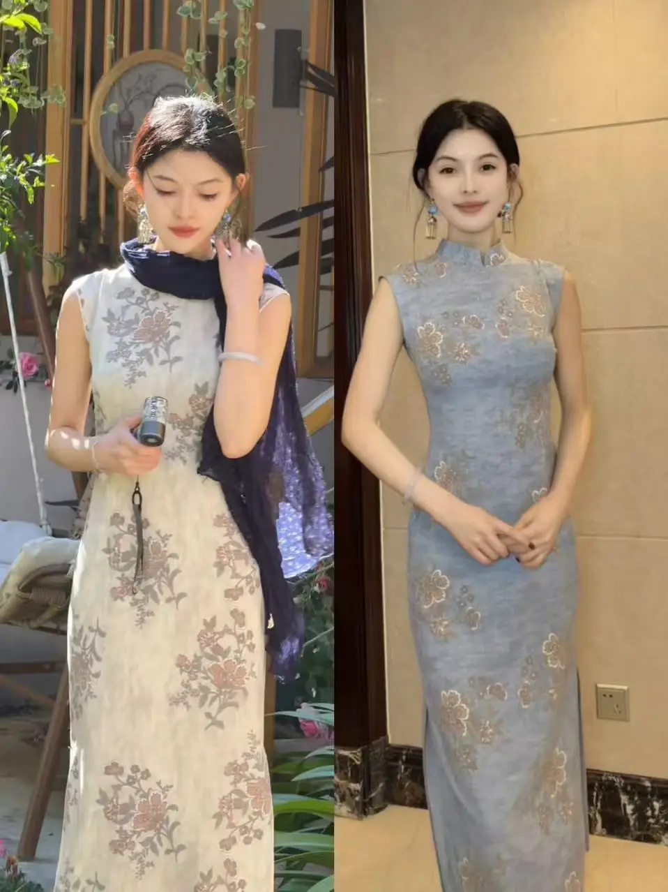 

Blue Floral Print Zipperl Svel Qipao by Ball Ball Lady Spring Summer New Arrival Breathable Polyester Blend Midi Dr