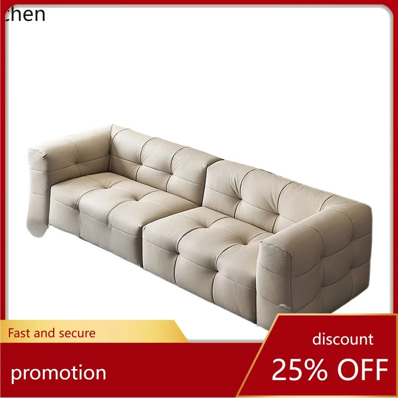 HT Italian minimalist leather marshmallow sofa straight row three modern Nordic living room decoration