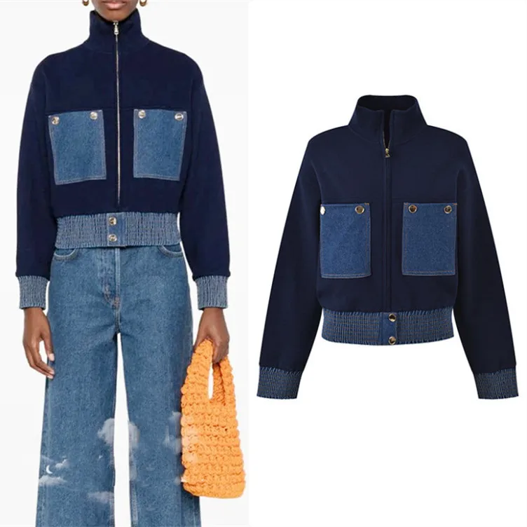 

High-End Version Early Autumn Denim Patchwork Jaet Top ket Patch ort Knitted Outerwear Women's Faion Outerwear