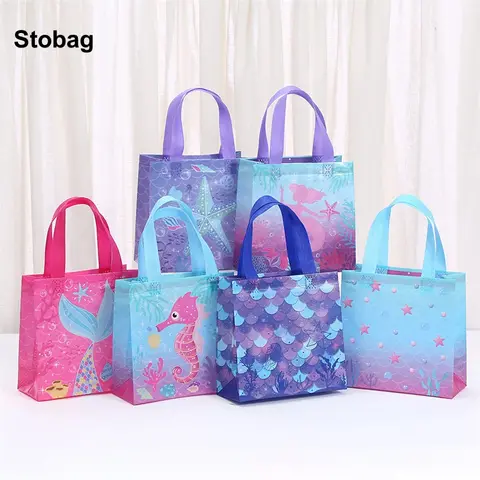 StoBag 8/20pcs 만화 오션 시리즈 부직포 토트 백 어린이 어린이 선물 패키지 패브릭 방수 스토리지 재사용 가능한 파우치 파티