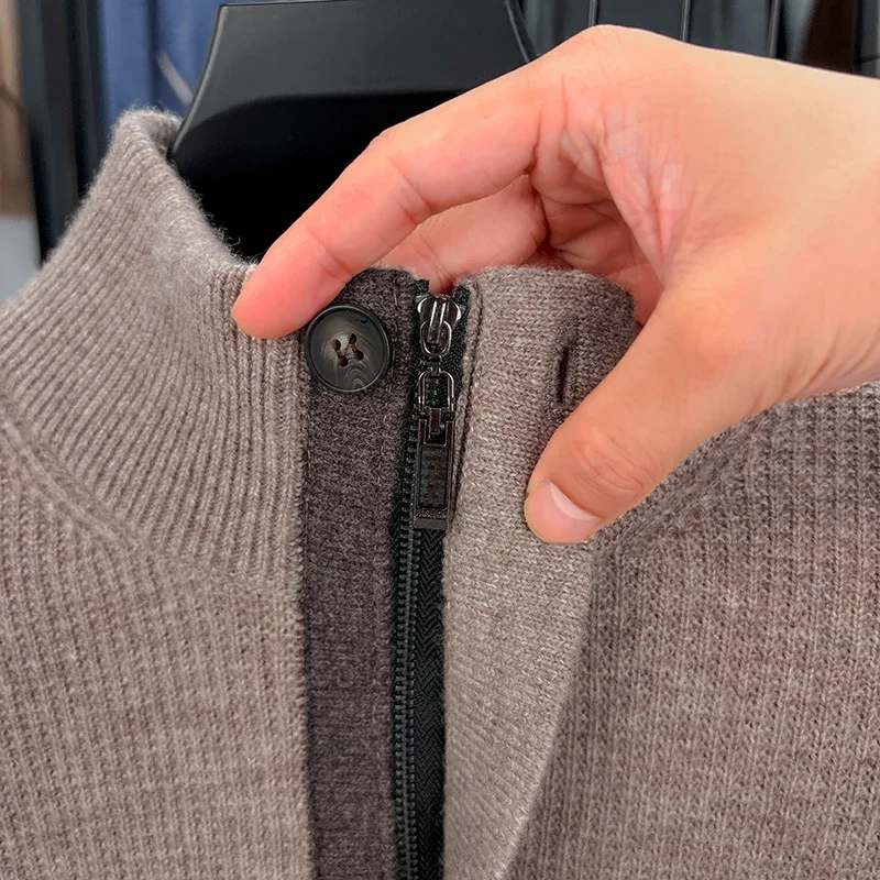 100%  Sheep Wool Thick Clothes New Trendy 2025 Winter Stand Collar Warm Sweater Male One Button Cashmere Wool Zipper Tops