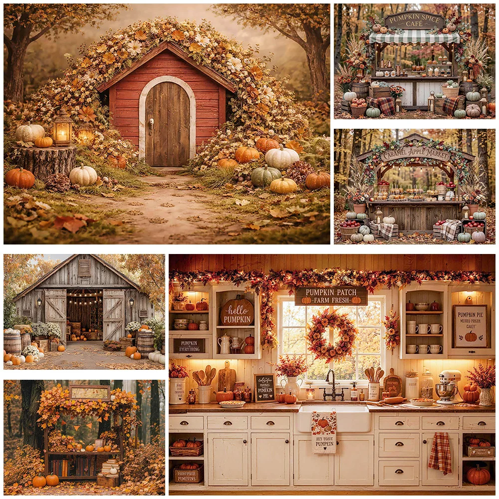Autumn Farm Background Pumpkin Patch Barn Banner Decor Fall Harvest Maple Leaves Backdrop Thanksgiving Portrait Photography