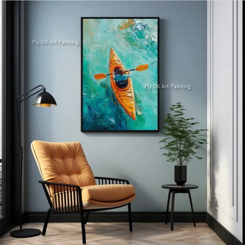 Green Artwork Handmade A Man Rowing Orange Kayak Canvas Wall Art Special Artwork For Living Room Decor As Gifts For Loved One
