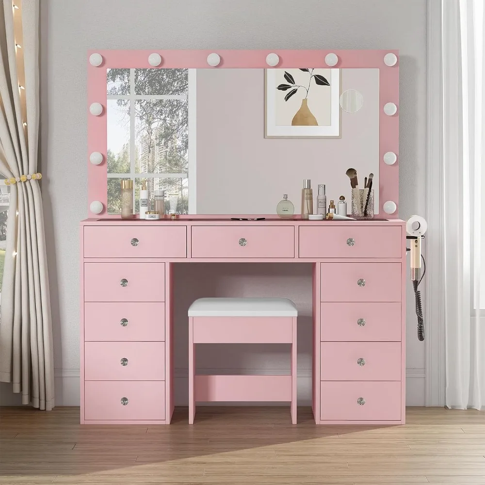 Vanity Desk with Power Outlet, Makeup Vanity with Mirror and 12 LED Lights, 3 Lighting Modes, 11 Drawers Vanity Table