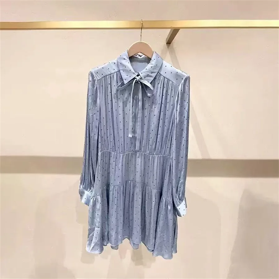 【هدية مجانية】أنيقة 2025 أوائل الخريف موضة جديدة حجر الراين مزين ربطة القوس فيونكة قميص طوق فستان المرأة