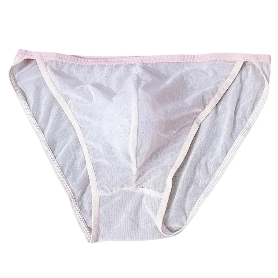 1pc Men Ice Silk Breathable Underwear Sexy Lace Mesh Sheer Briefs U Convex Pouch Comfortable Underpants Random Color
