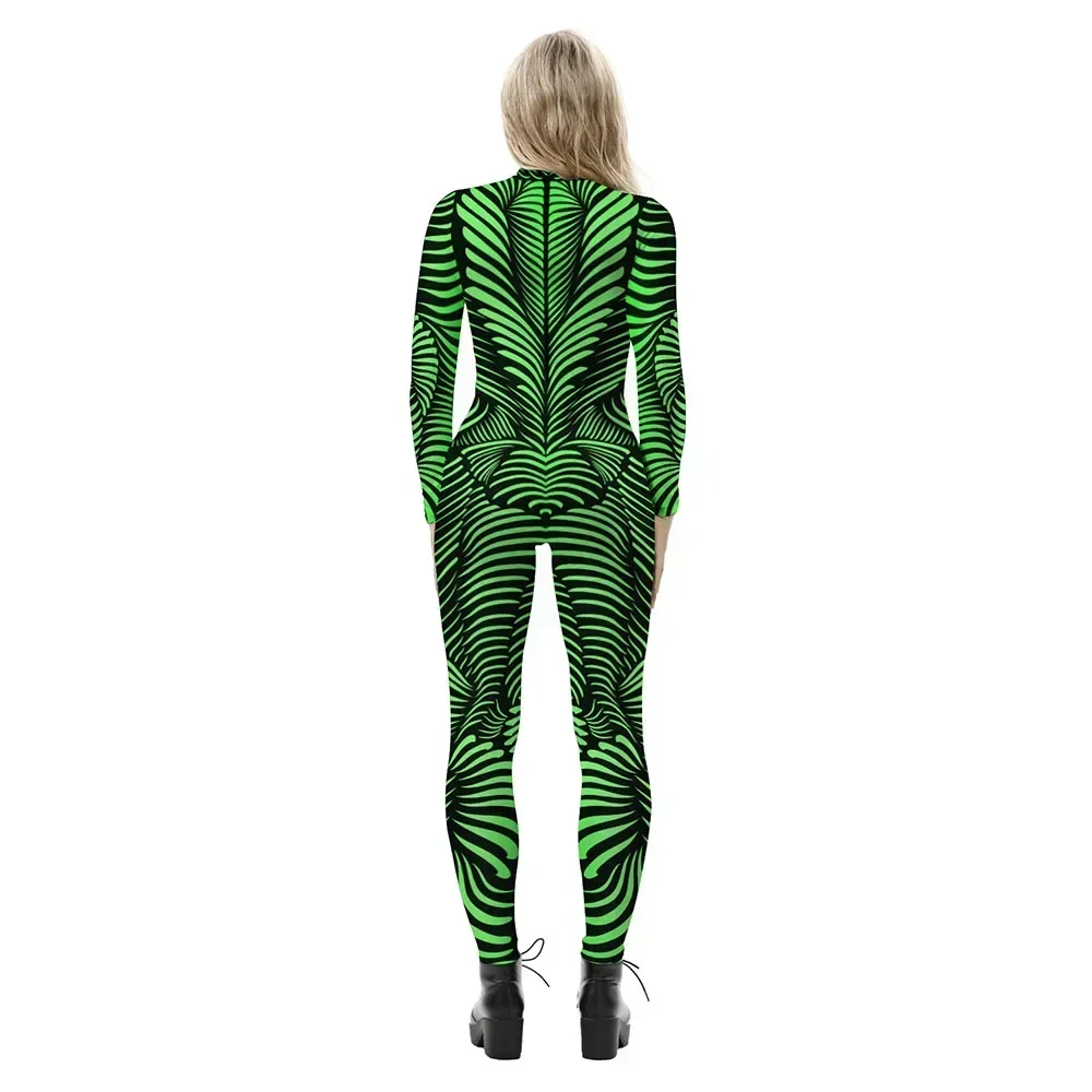 2023 New Green Stripe 3D stampato tuta donna Sexy Fancy Party Dress Halloween Carnival Zenti body