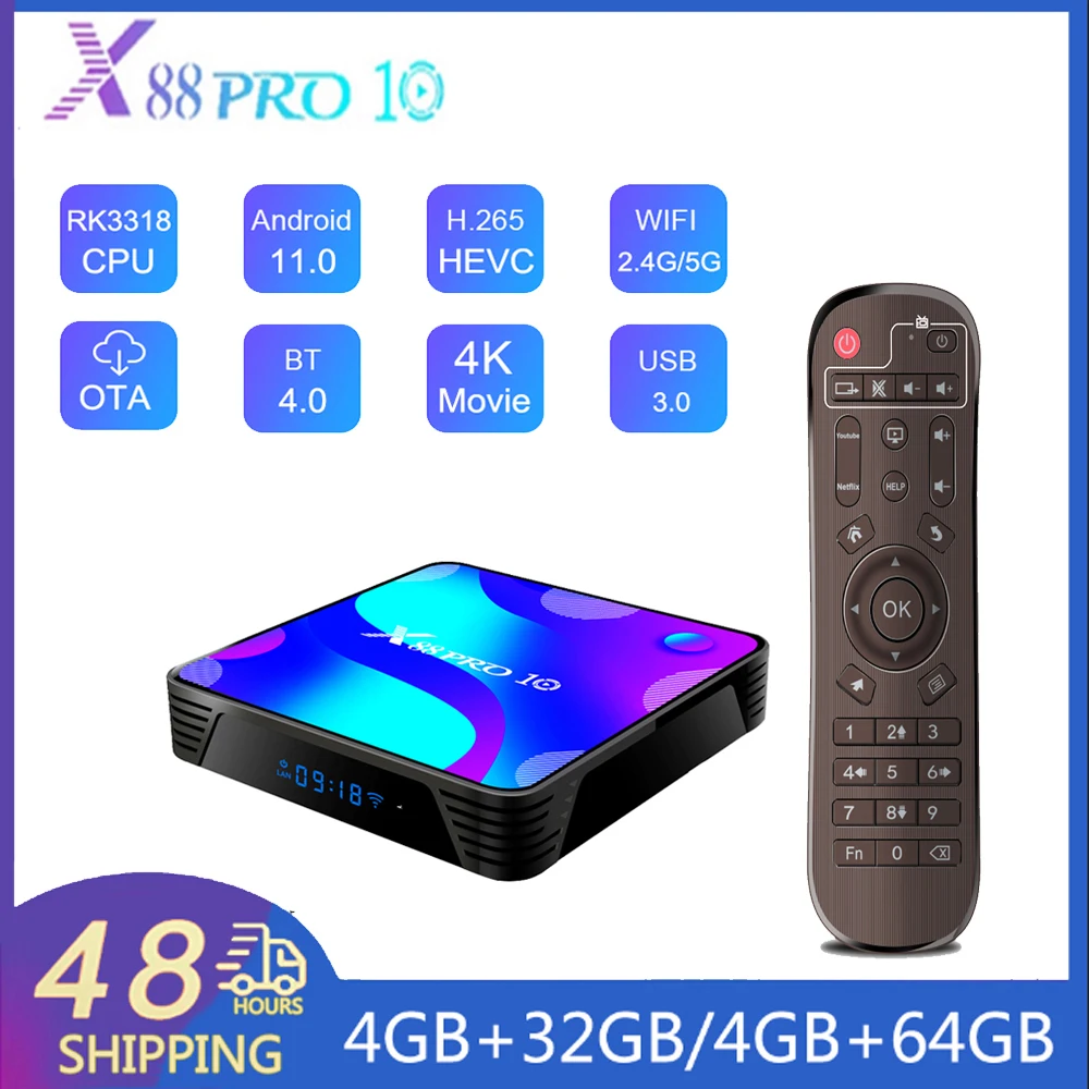 

X88 PRO10 Smart TV Box RK3318 2.4G&5G Dual WiFi LAN 100M X88 PRO 10 Media Player Set Top Box BT4.0 3D HD 4K