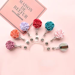 1 Pcs Quality Resin Stereoscopic Rose Retractable Nursee Badge Elegant Flowers Name Tag ID Card Holder with Clip Keys Lanyard