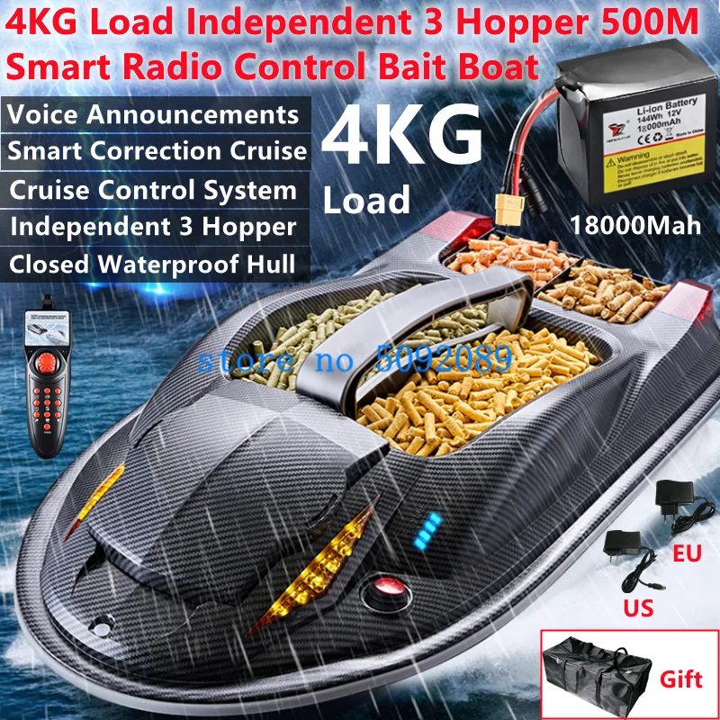 

Full Water 4KG Load Multifunctional RC Bait Boat 500M 3-Hopper Voice Broadcast Correction Cruise Remote Control Fishing Boat Toy