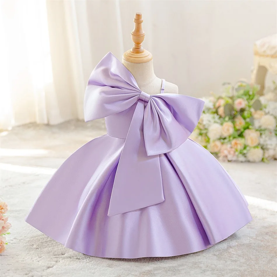 Lavender Satin Spaghetti Strap Huge Back Bow Puffy Princess Dress Cute Kids Girls Wedding Birthday Formal Pageant Costume ASQ03