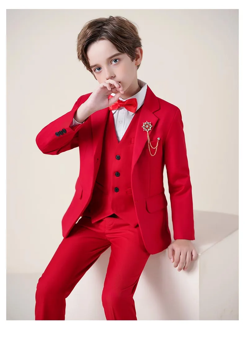 Chaqueta para niños, chaleco, pantalones, pajarita, disfraz de ceremonia, traje de fotografía ajustado rojo para niños, vestido de esmoquin para boda y cumpleaños, 4 Uds.