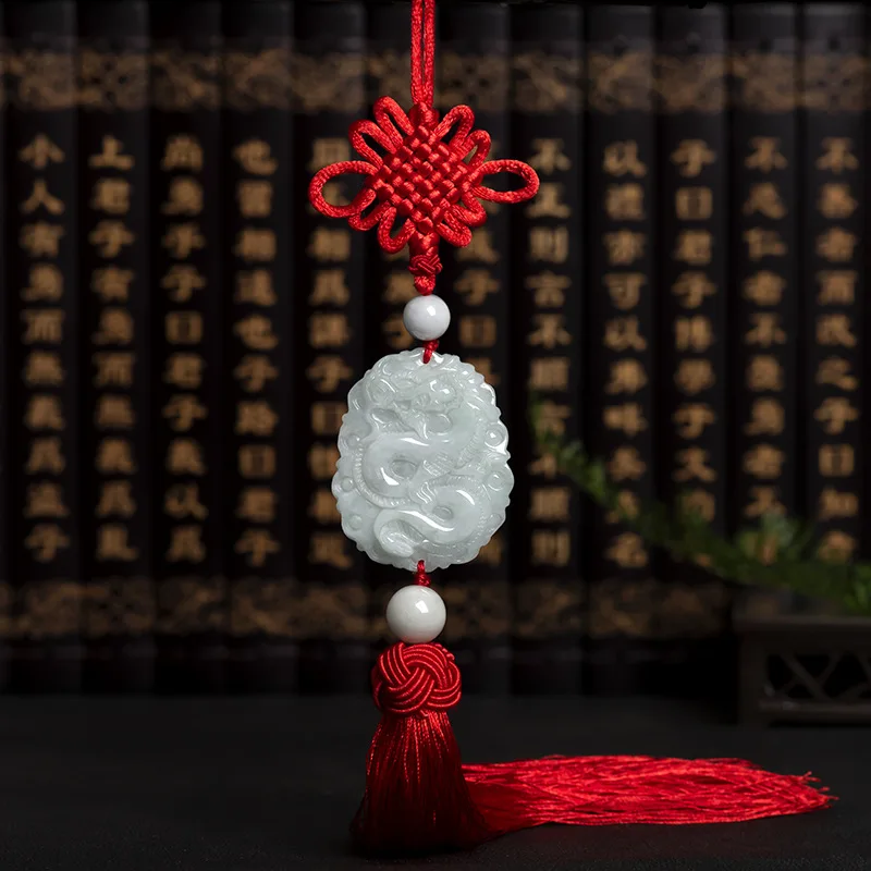 

Natural Myanmar A-grade Jade Dragon Brand Zhaocai Ping Guardianship Upscale Car Pendant Red Chinese Knot Long Tassel Drop Ship