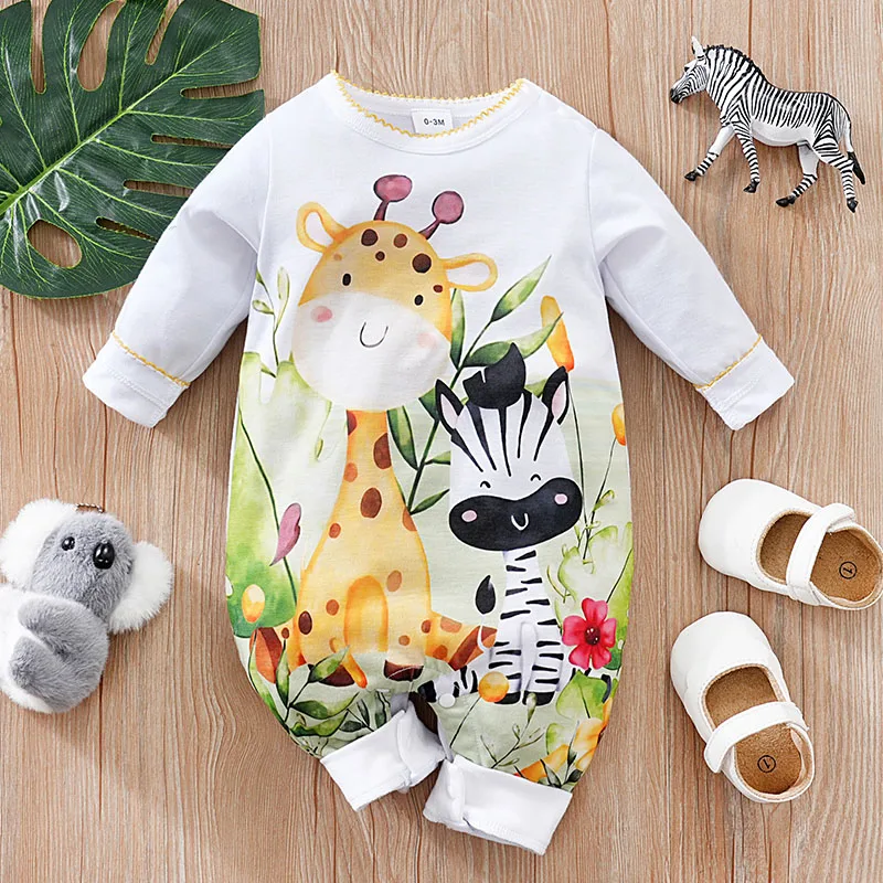 Spring And Autumn Newborn Boys And Girls Cute Cartoon Animal Print Comfortable Long Sleeved Baby Bodysuit