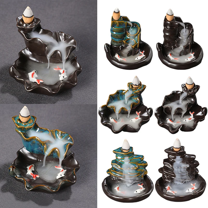 1PC Creative Ceramic Ornament Sandalwood Stove Aromatherapy Furnace Koi Fish Backflow Incense Stove Office Decor