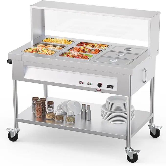 

Электрическая обеденная печь на тележке: нержавеющая сталь 1150X673Xh850 мм, изоляционный стол 1/1 с 3 сетками (с акриловой перегородкой) с 9 1/3X150M