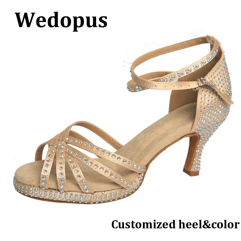 Wedopus, nuevos zapatos de baile para mujer, plataforma de 7,5 CM, suela de ante, zapatos de baile Sansha, satén champán con cristales