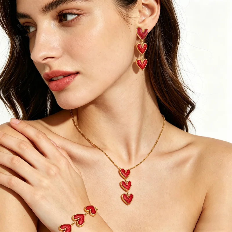 Fashion Passionate Red Glitter Heart Jewelry Set Gold Plated Stainless Steel Earrings Bracelet Necklace for Women Party Gifts