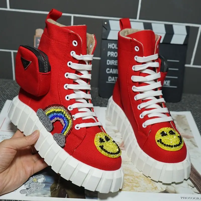 2023 Autumn Winter Women Thick-soled Casual Lace Up Modern Short Boots Girl Novelty Solid Red Canvas Shoes Med Heel Street Style