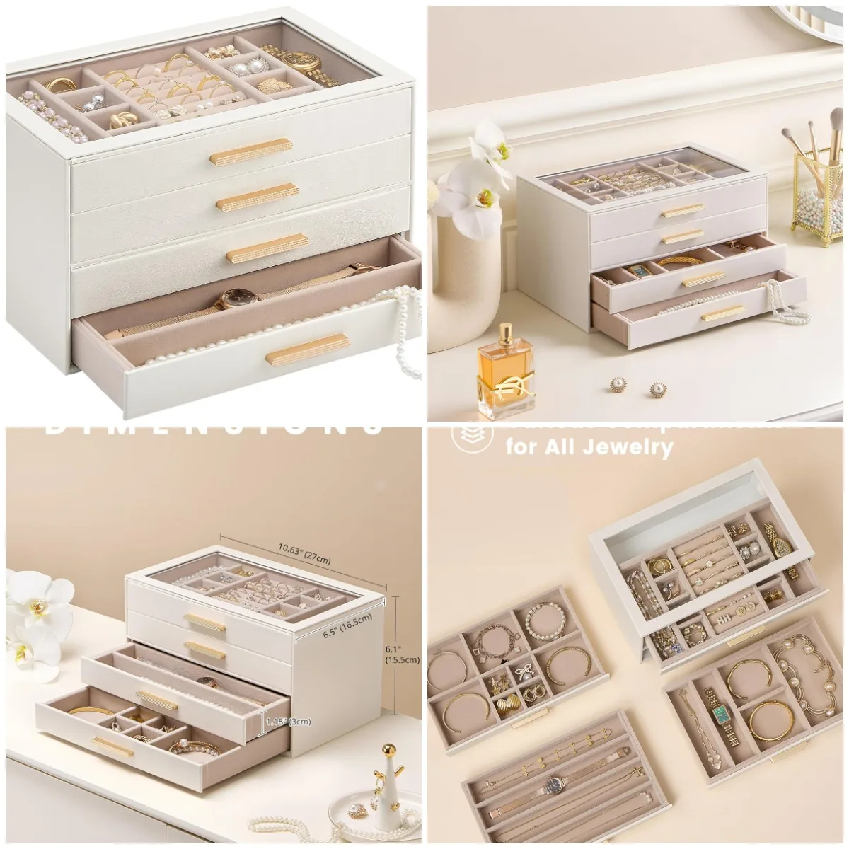 

4-Layer Jewelry Organizer with Glass Lid, Beige Ring Earring Necklace Holder - Gift for Women Girls