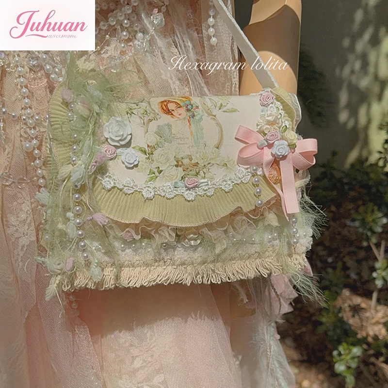 Jepang Vintage Manis Lolita Busur Renda Bunga Ruffle Pastoral Cla Gadis Yunai Tas Tangan Tas Kurir Lo Tas Kurir untuk Wanita