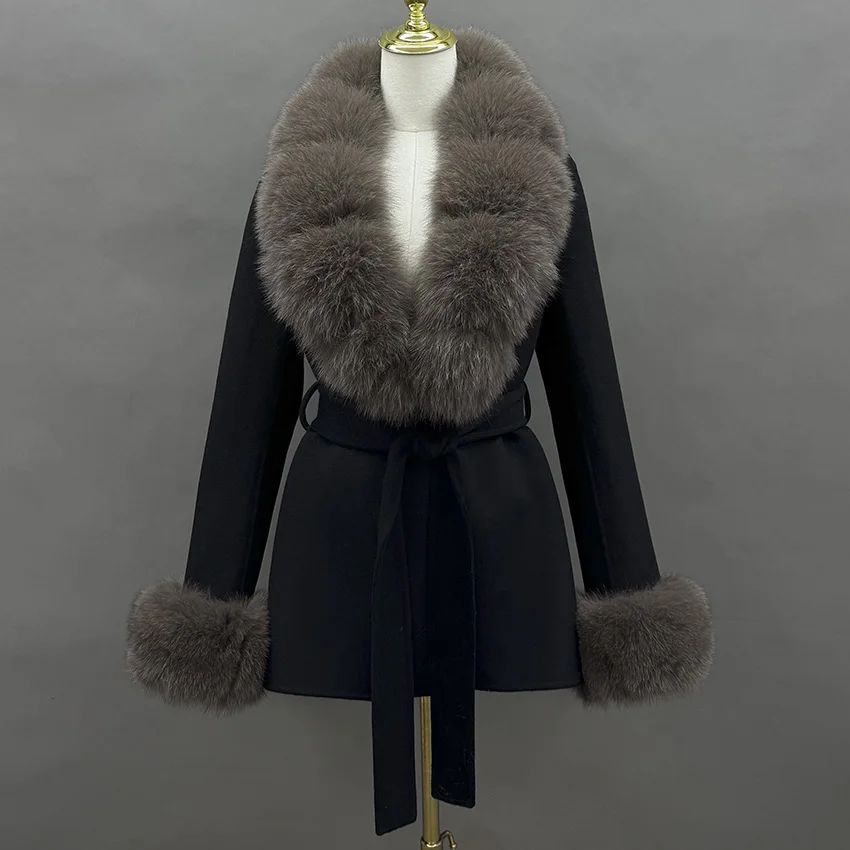 JANEFUR 2026 Wool Coat with Real Fox Fur Collar Cuff Women Fashion Belted Cashmere Coats Warm Winter Trench Peacoat JFB4-26032