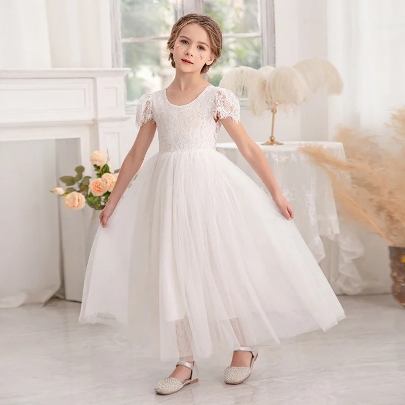 

Fashion Lace Wedding Dress Bridesmaid Flower Girl Princess Dress Elegant Piano Performance Costume Kids Baptismal White Dress