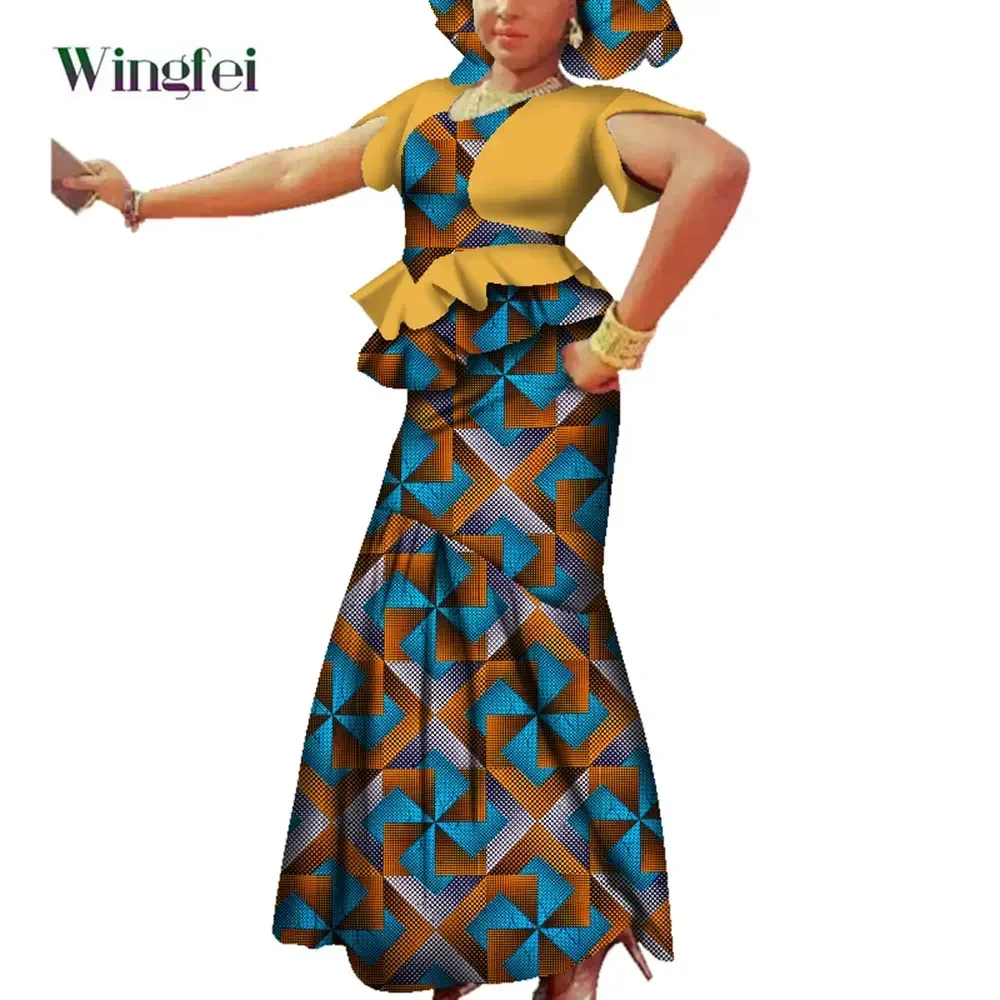 African Skirt and Top Set with Headwrap Ankara Fashion African Clothes for Women Dashiki Party Wedding Evening Clothing WY3699