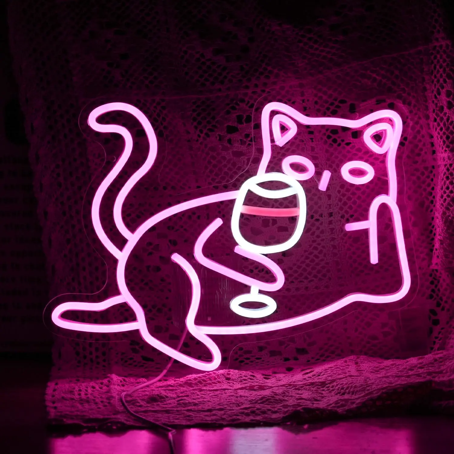 Cat Wine Glasses Neon Sign LED Light Pink Cat for Wall Decor Night Light USB Powered for Bar Living Room Cat Cafe Cat Lover Gift